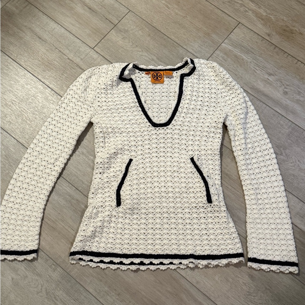 Tory Burch Knit Pullover Sweater Cream Navy SMALL